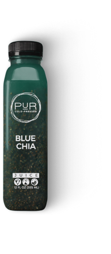 PUR Cold-Pressed Blue Chia bottle on transparent background.
