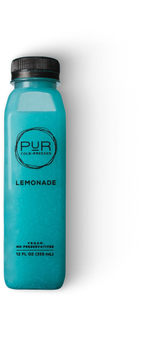 PUR Cold-Pressed Blue Majik Lemonade bottle on transparent background.