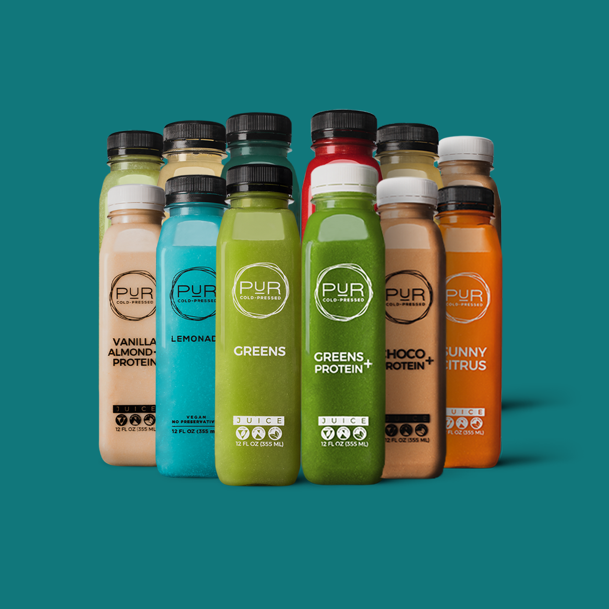 Build Your Own Discovery Kit by PUR: variety of juices and protein blends arranged in a colorful row.