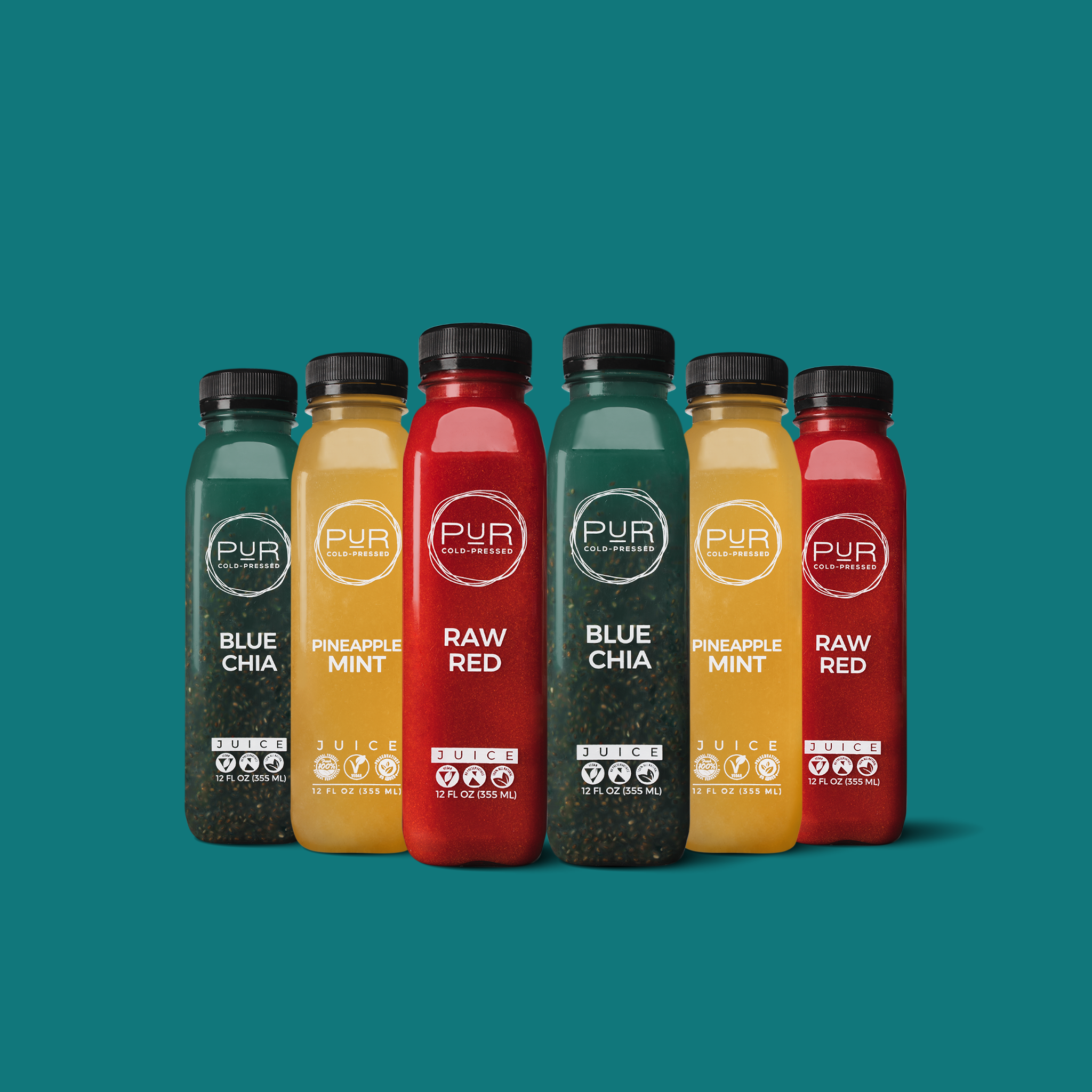Daily cold-pressed juice trio—PUR Raw Red, Pineapple Mint and Blue Chia—Healthy Juice Snack Pack.