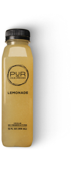 PUR Cold Pressed Turmeric Lemonade juice bottle infused with fresh lemon, turmeric, and ginger for a zesty, anti-inflammatory cleanse.