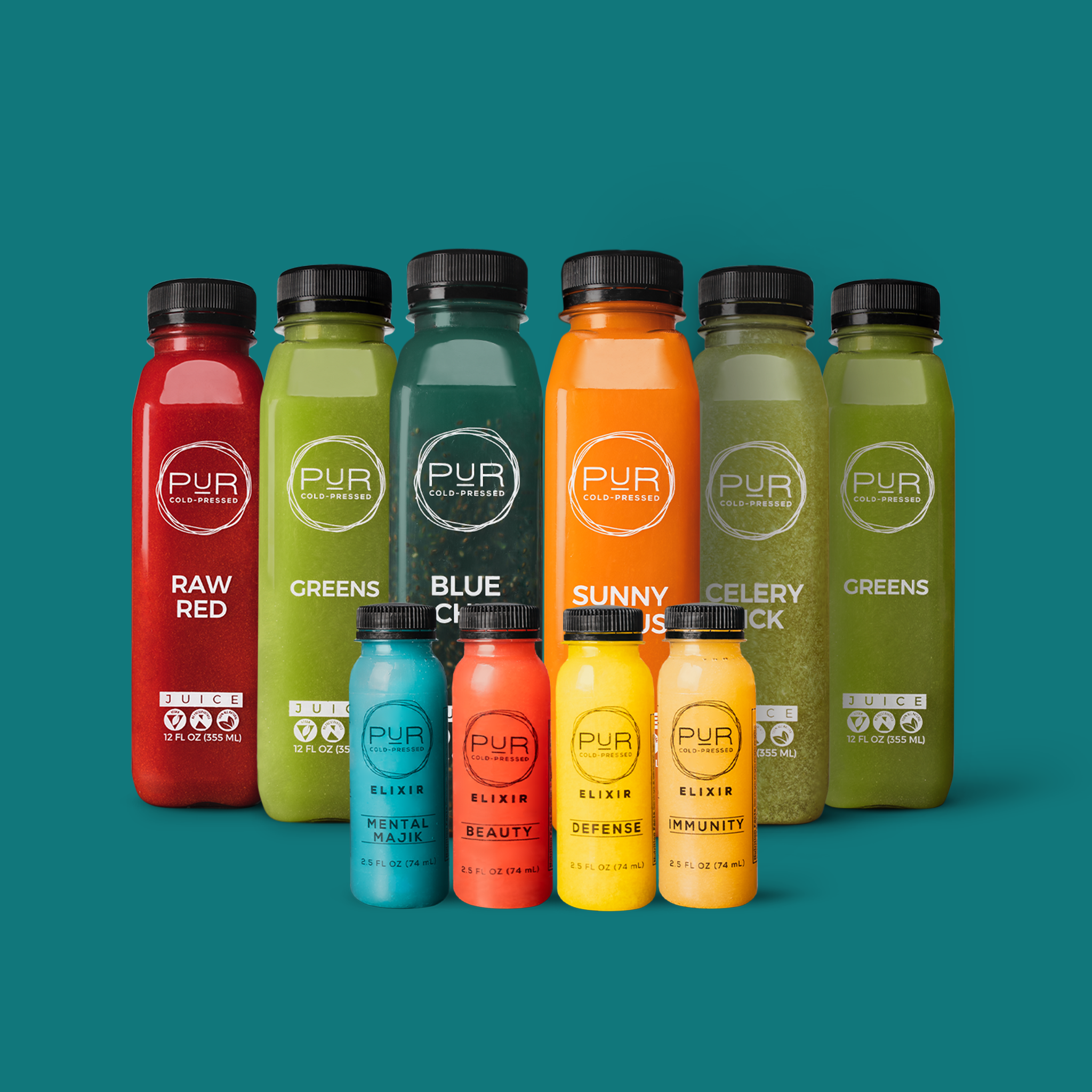 Ultimate Wellness Juice Cleanse—PUR lineup with Raw Red, Greens, Blue Chia, Sunny Citrus, Celery kick + functional shots.